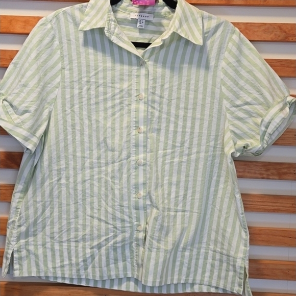 Topshop Green‎ White Striped Button Up Shirt Women’s 4 Short Sleeve - Picture 3 of 3